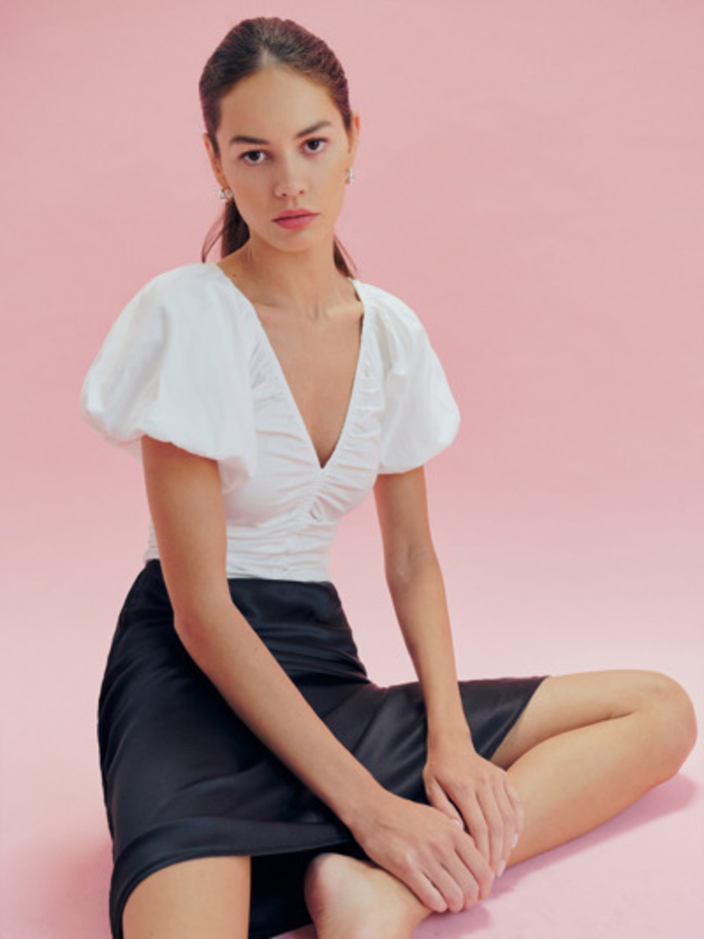 Reformation Sonny White Ruched Puff Top Sz 4